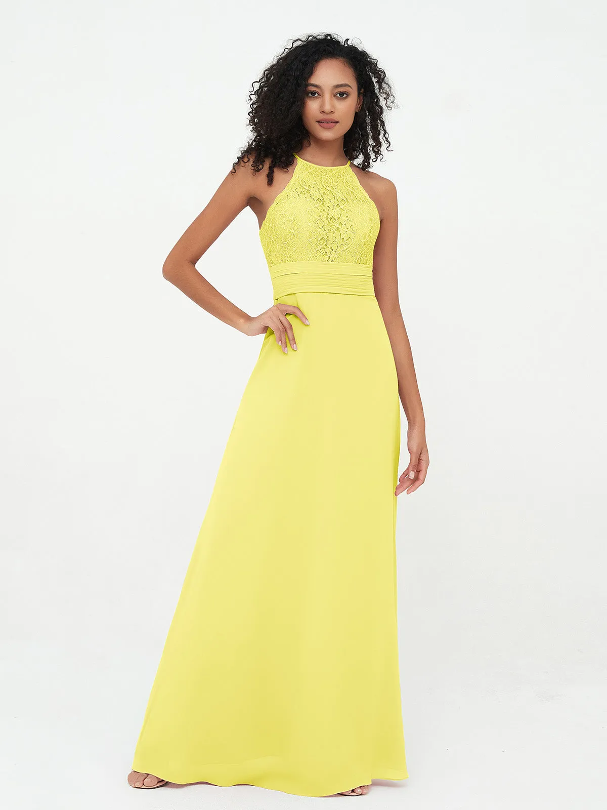 Halter Lace Top and Chiffon Open Back Dresses Lemon Plus Size