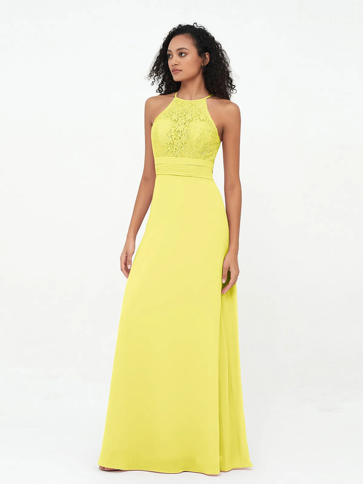 Halter Lace Top and Chiffon Open Back Dresses Lemon Plus Size
