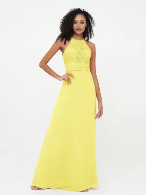 Halter Lace Top and Chiffon Open Back Dresses Lemon Plus Size