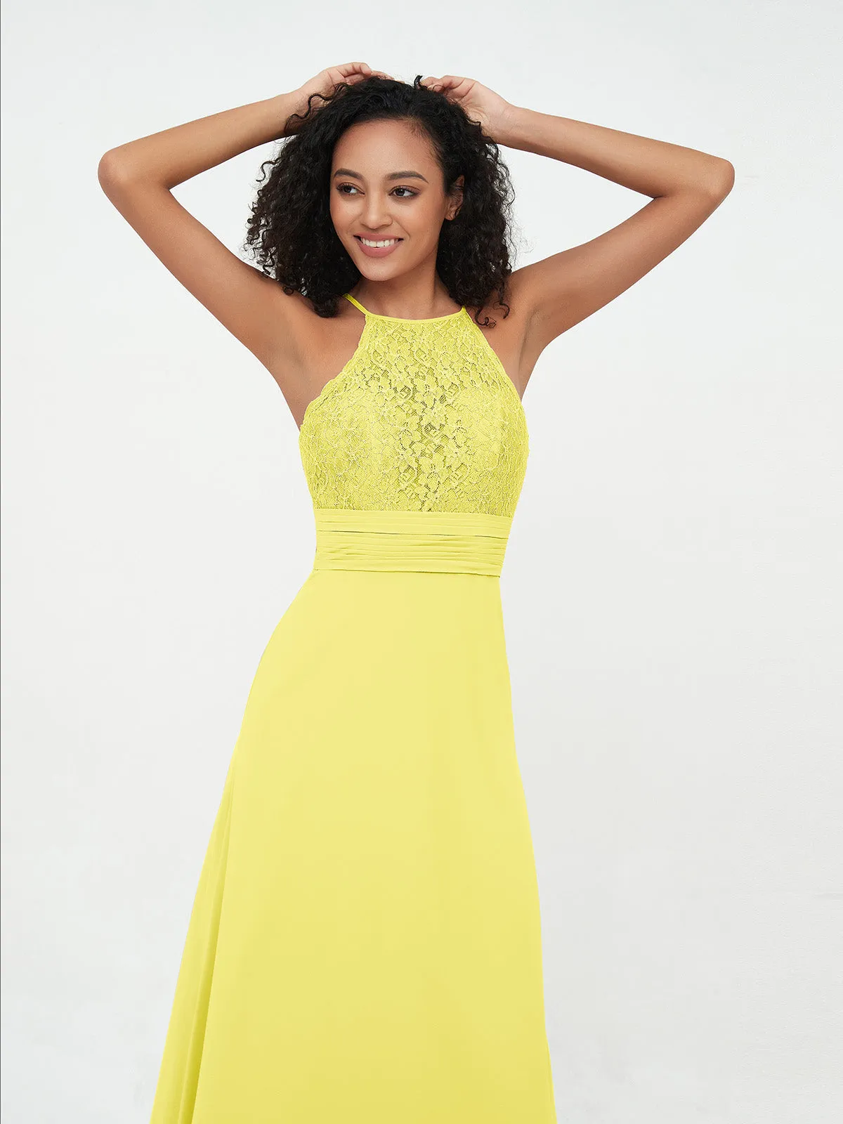 Halter Lace Top and Chiffon Open Back Dresses Lemon Plus Size