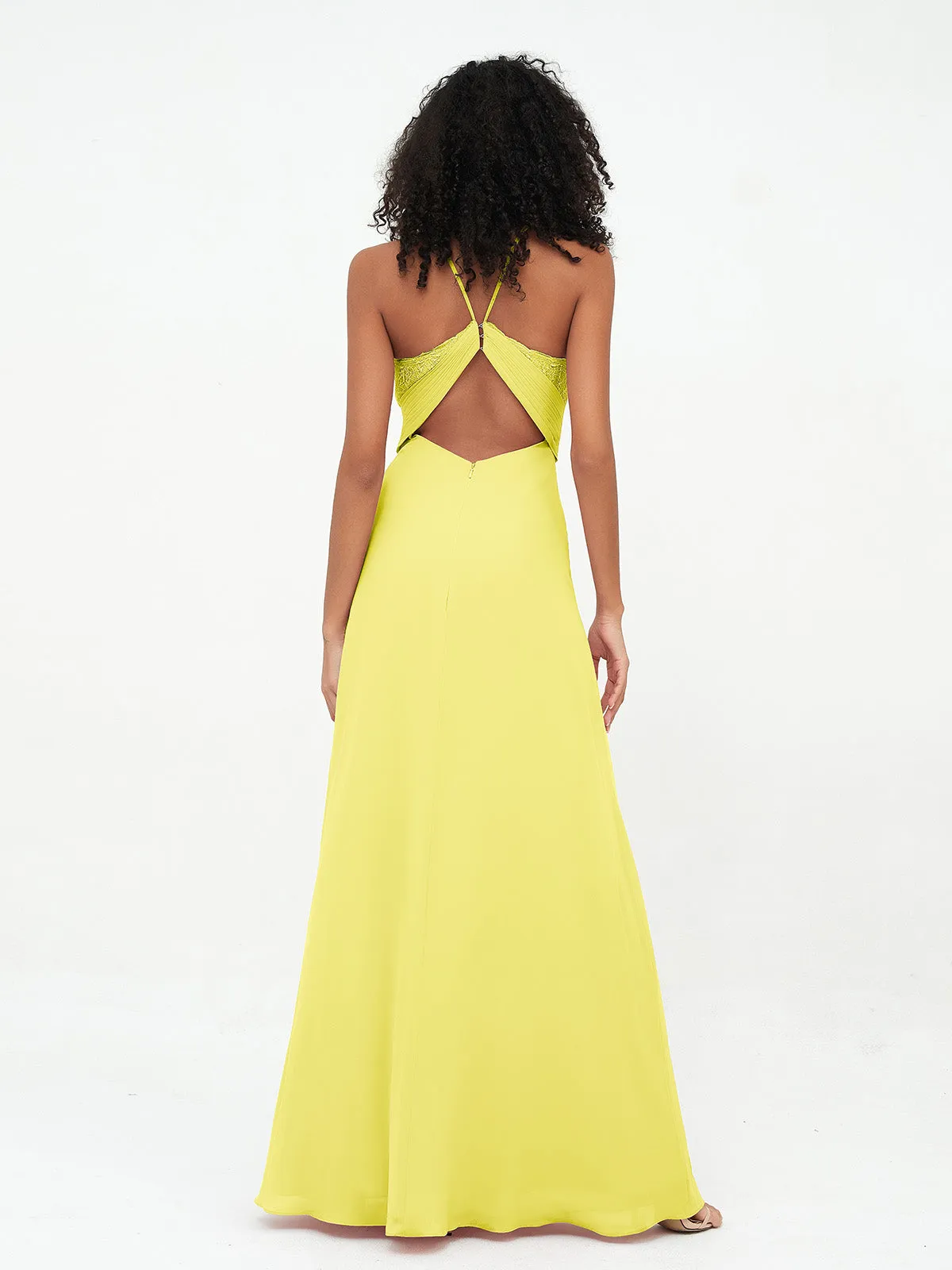 Halter Lace Top and Chiffon Open Back Dresses Lemon Plus Size
