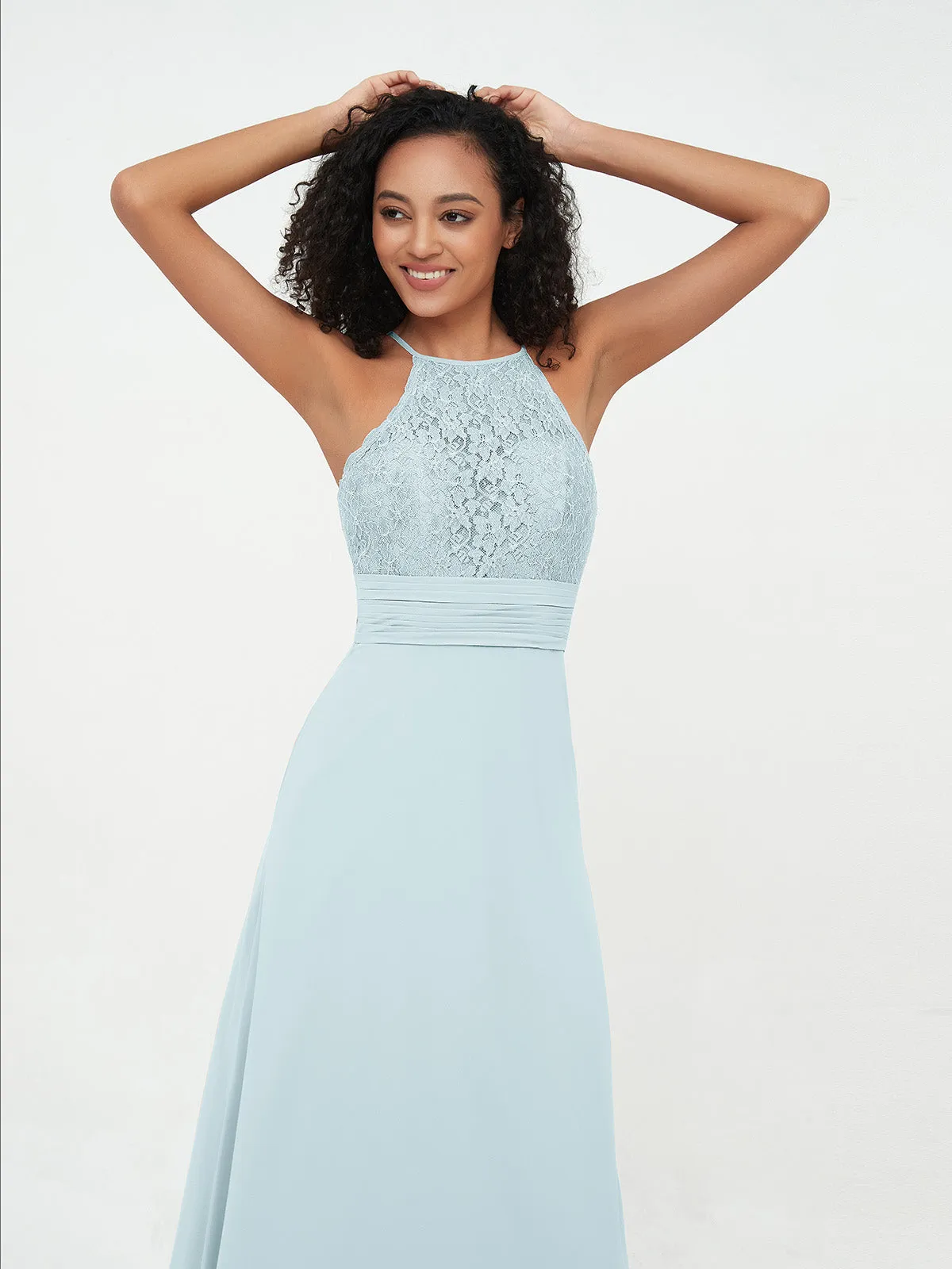 Halter Lace Top and Chiffon Open Back Dresses Mist Plus Size