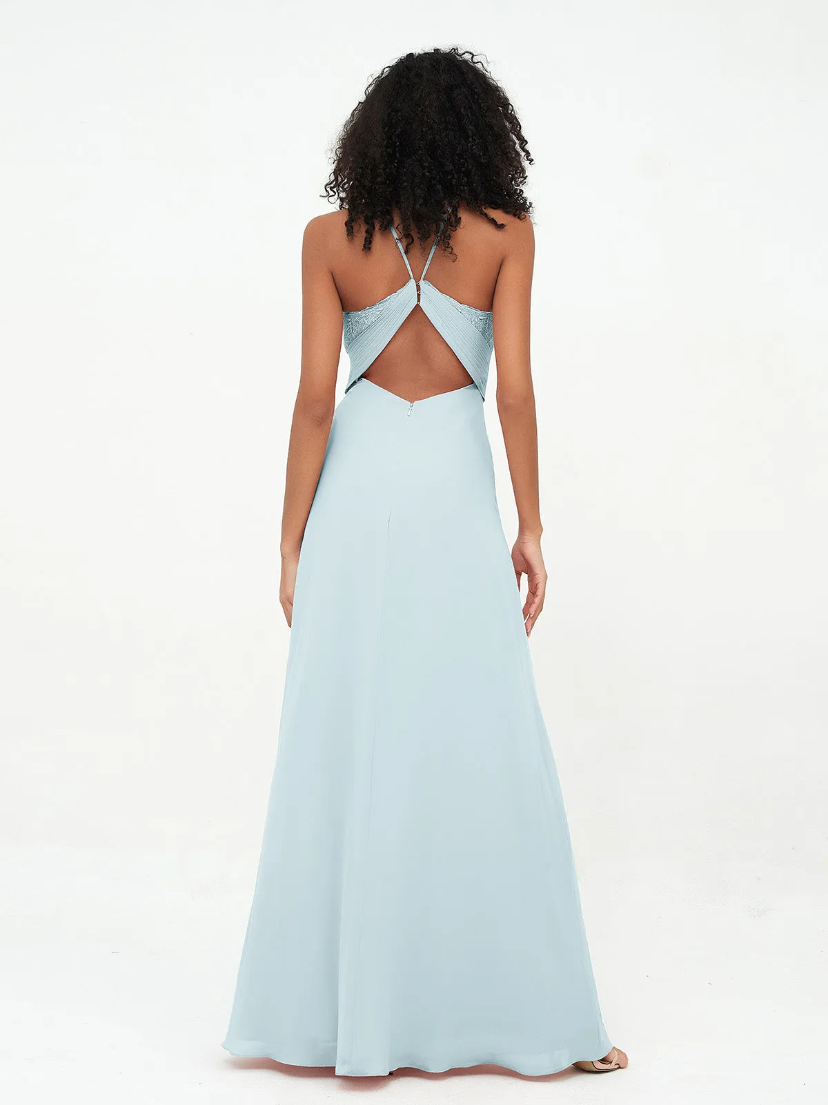 Halter Lace Top and Chiffon Open Back Dresses Mist Plus Size