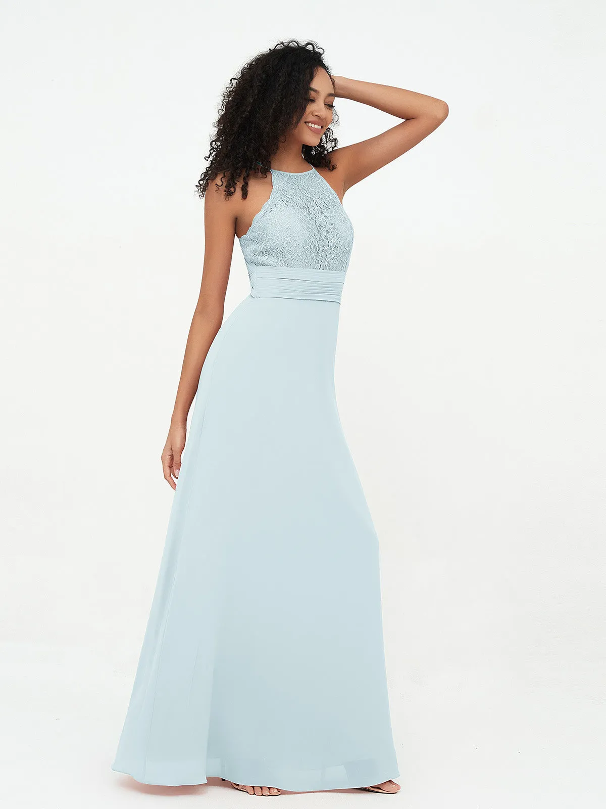 Halter Lace Top and Chiffon Open Back Dresses Mist Plus Size