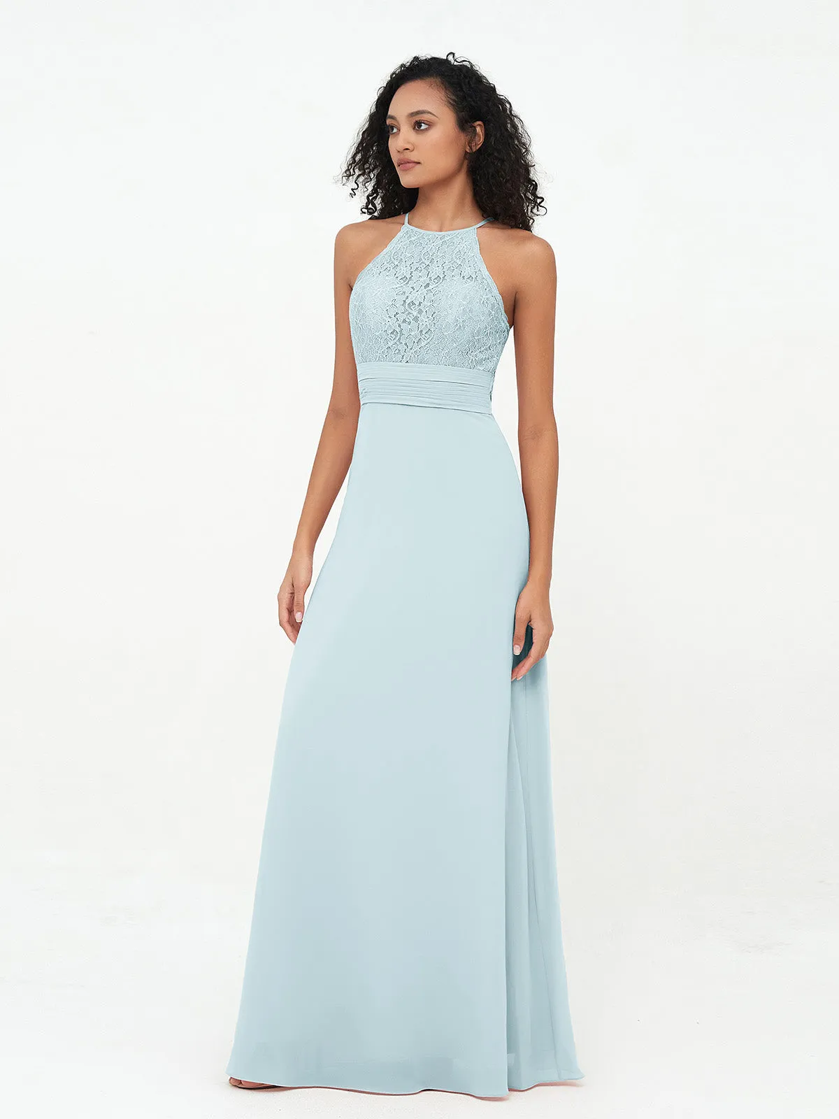 Halter Lace Top and Chiffon Open Back Dresses Mist Plus Size