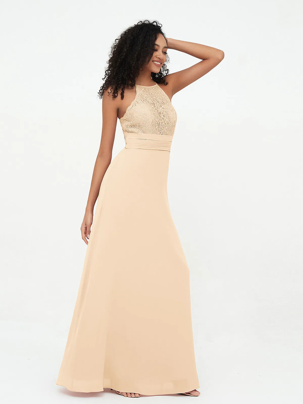Halter Lace Top and Chiffon Open Back Dresses Peach Plus Size