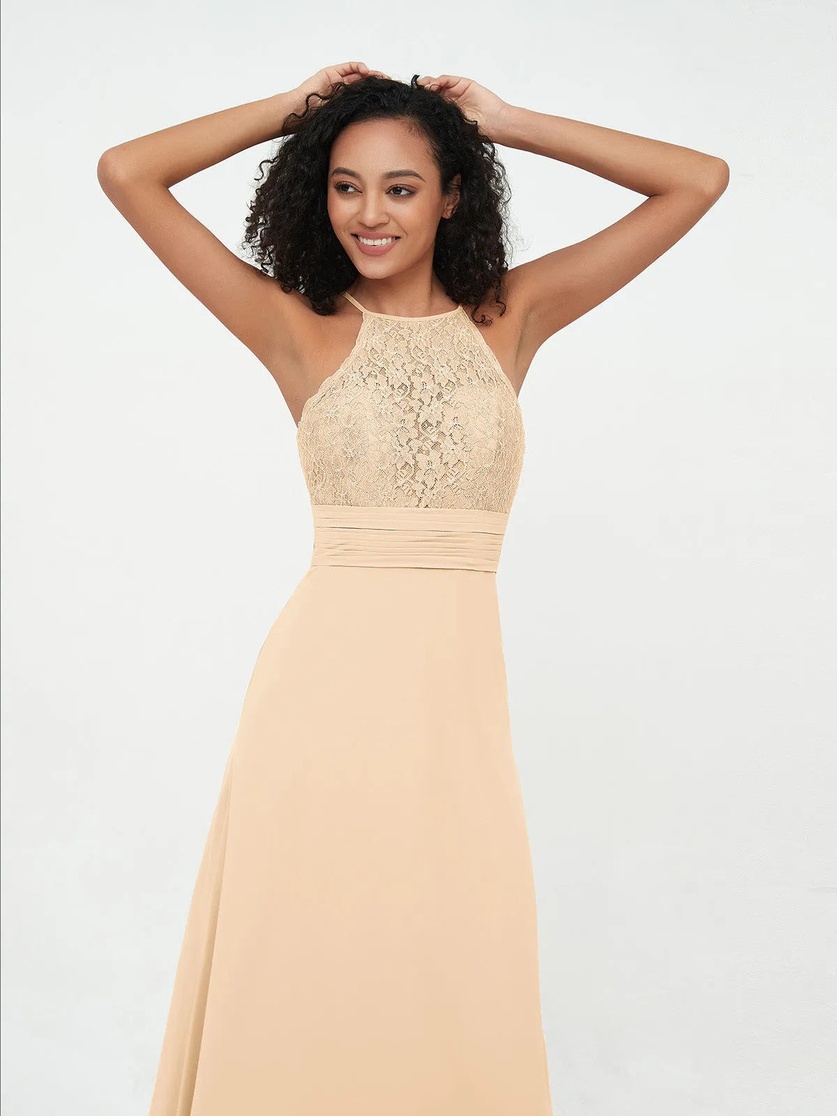 Halter Lace Top and Chiffon Open Back Dresses Peach Plus Size