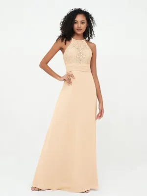 Halter Lace Top and Chiffon Open Back Dresses Peach Plus Size
