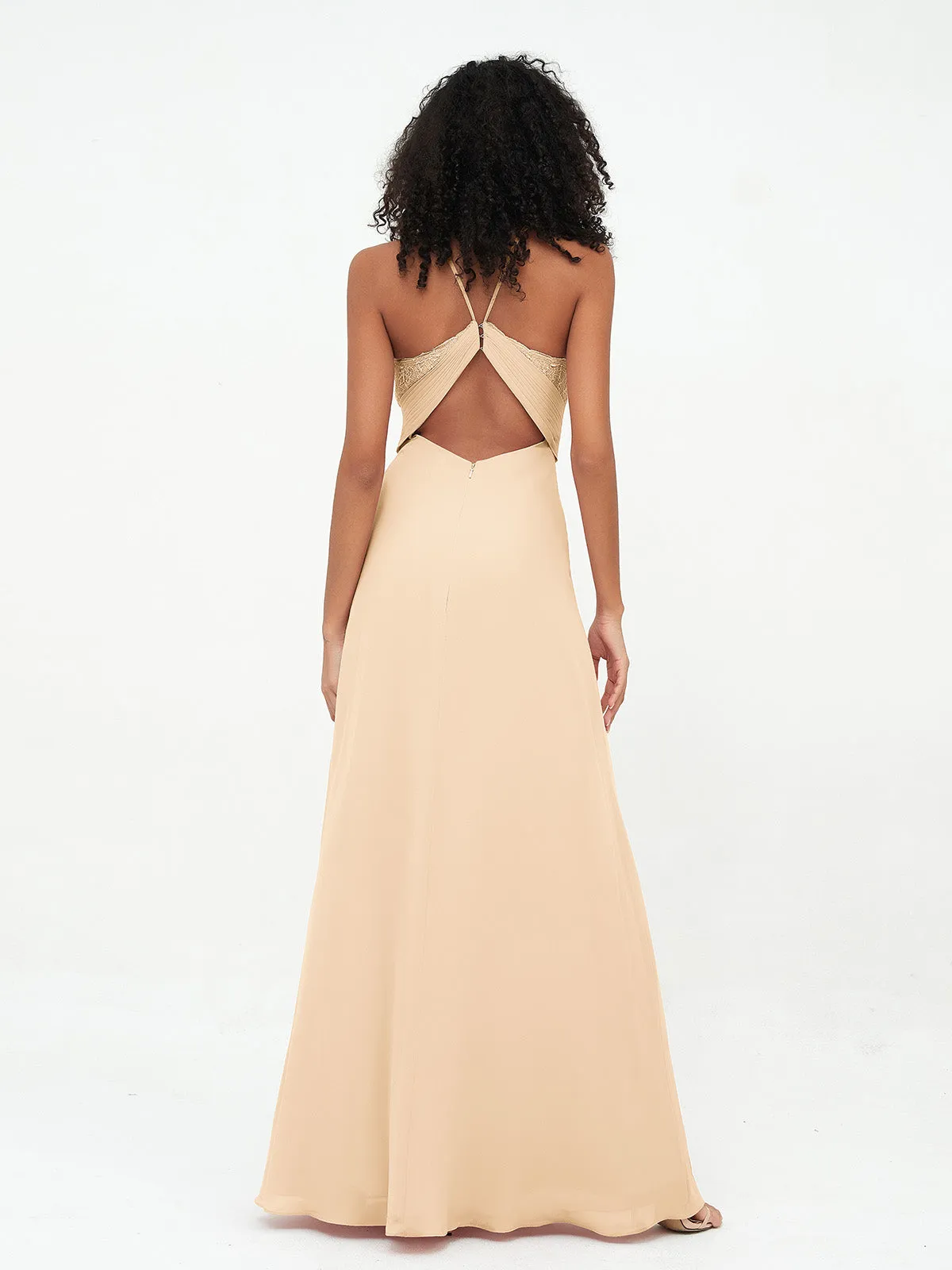 Halter Lace Top and Chiffon Open Back Dresses Peach Plus Size