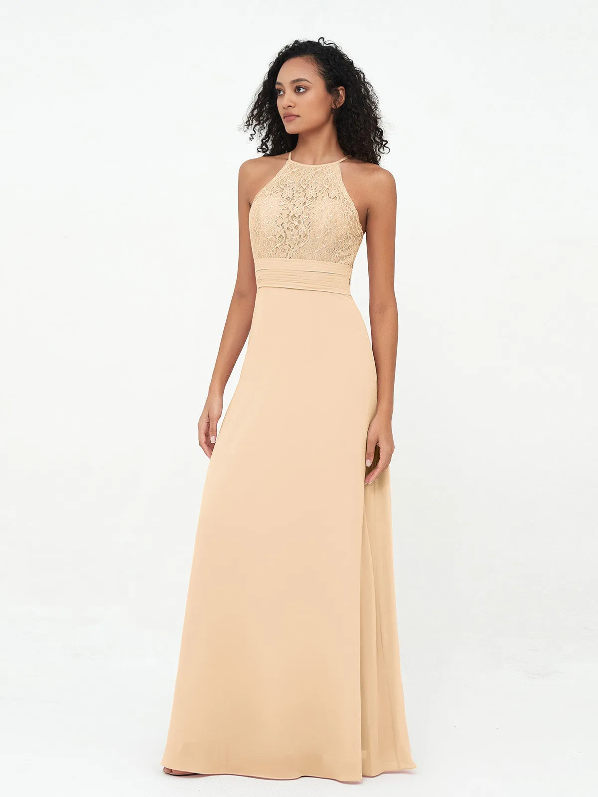 Halter Lace Top and Chiffon Open Back Dresses Peach Plus Size