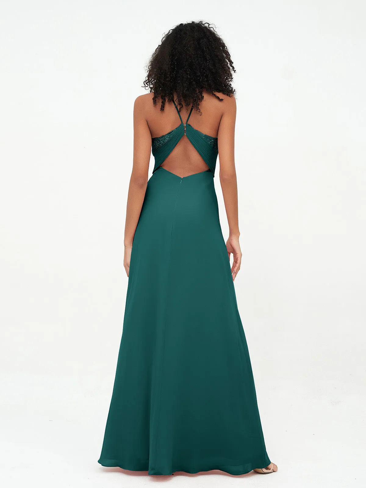 Halter Lace Top and Chiffon Open Back Dresses Peacock Plus Size