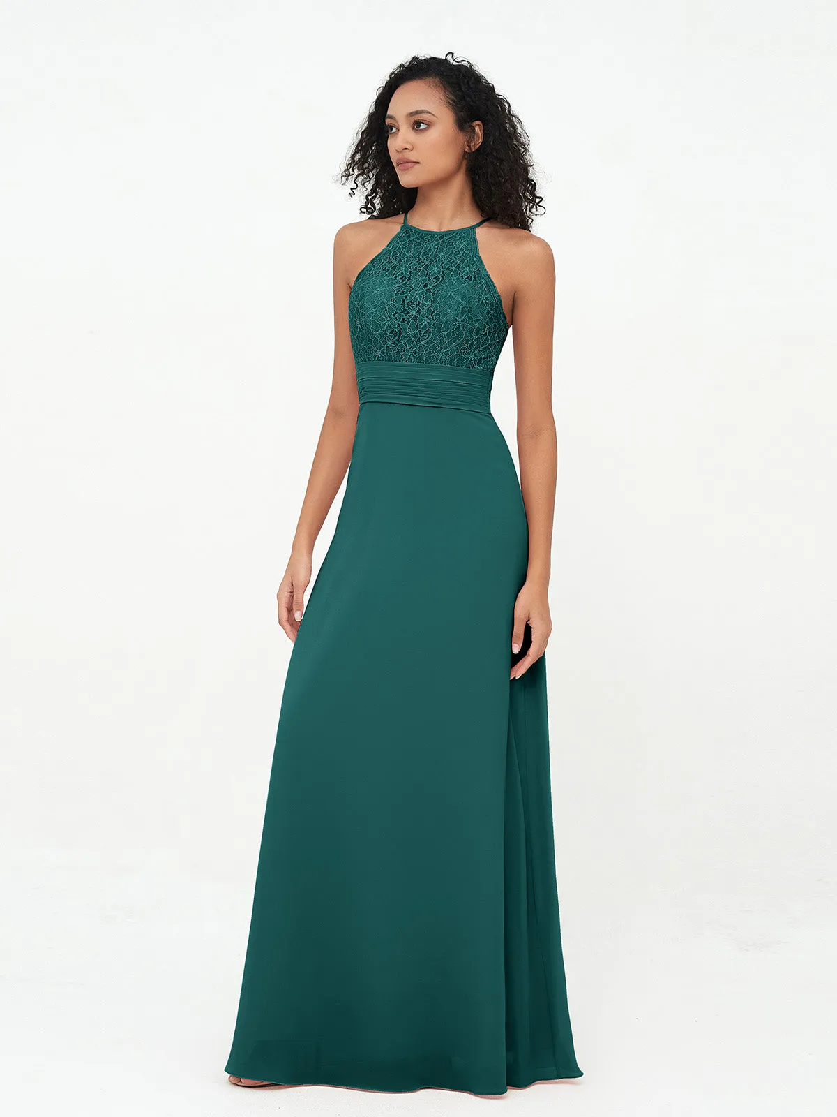 Halter Lace Top and Chiffon Open Back Dresses Peacock Plus Size