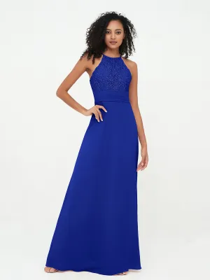 Halter Lace Top and Chiffon Open Back Dresses Royal Blue