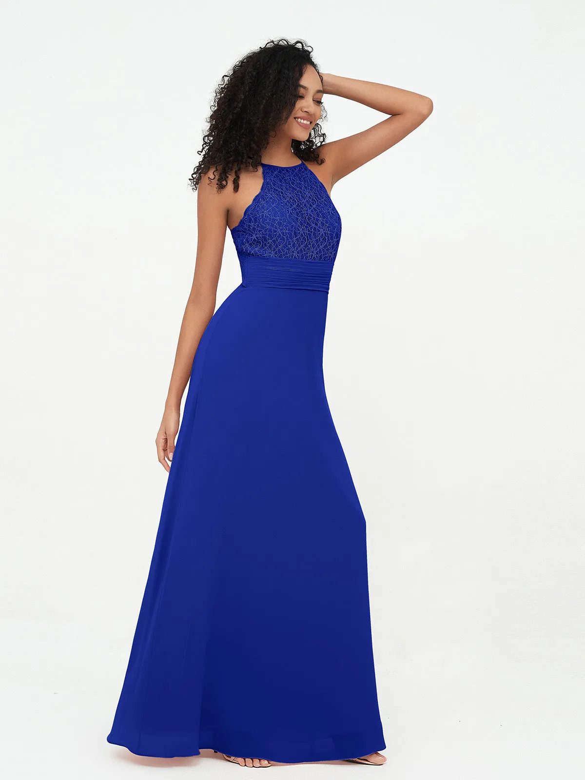 Halter Lace Top and Chiffon Open Back Dresses Royal Blue