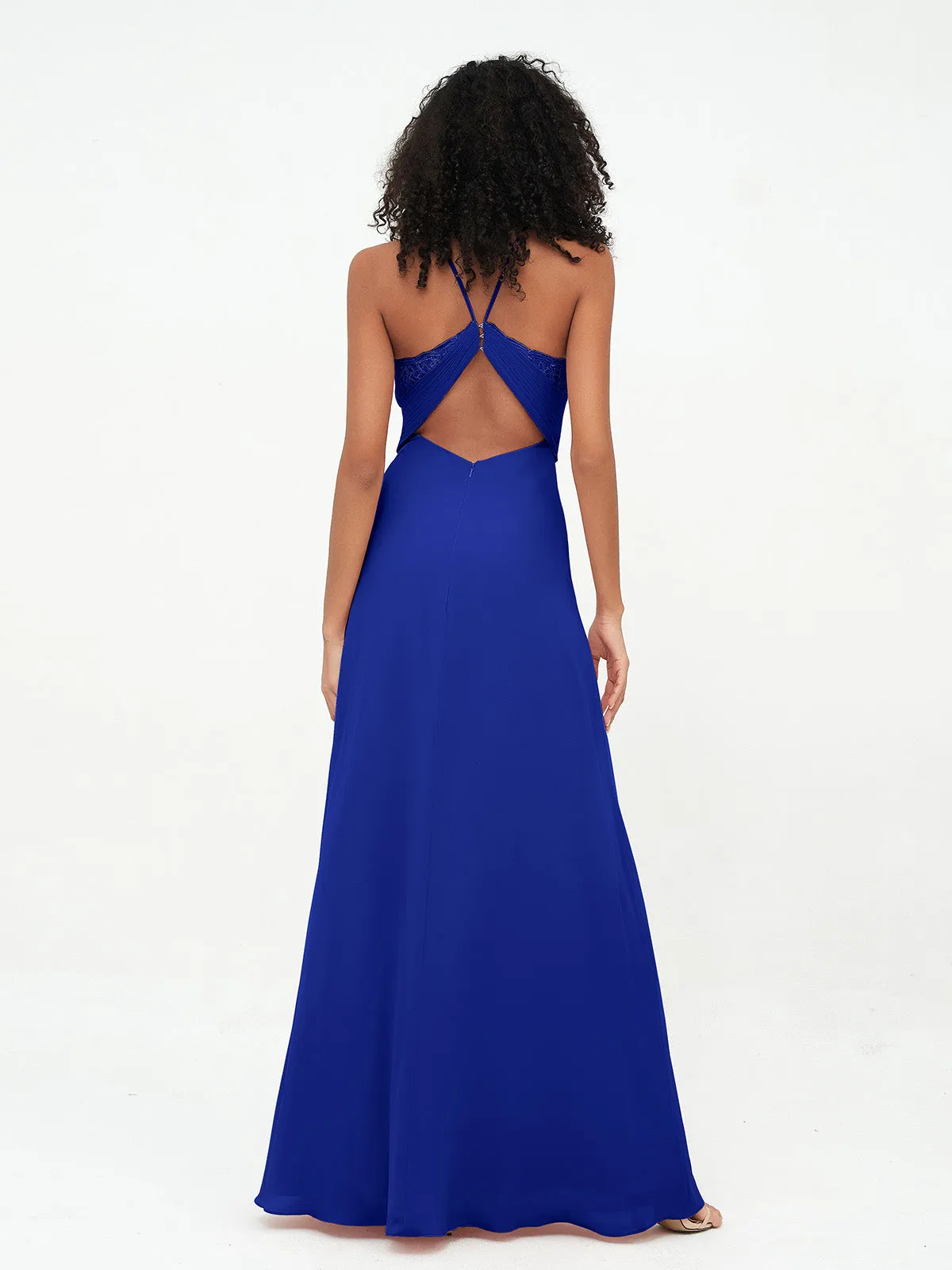 Halter Lace Top and Chiffon Open Back Dresses Royal Blue