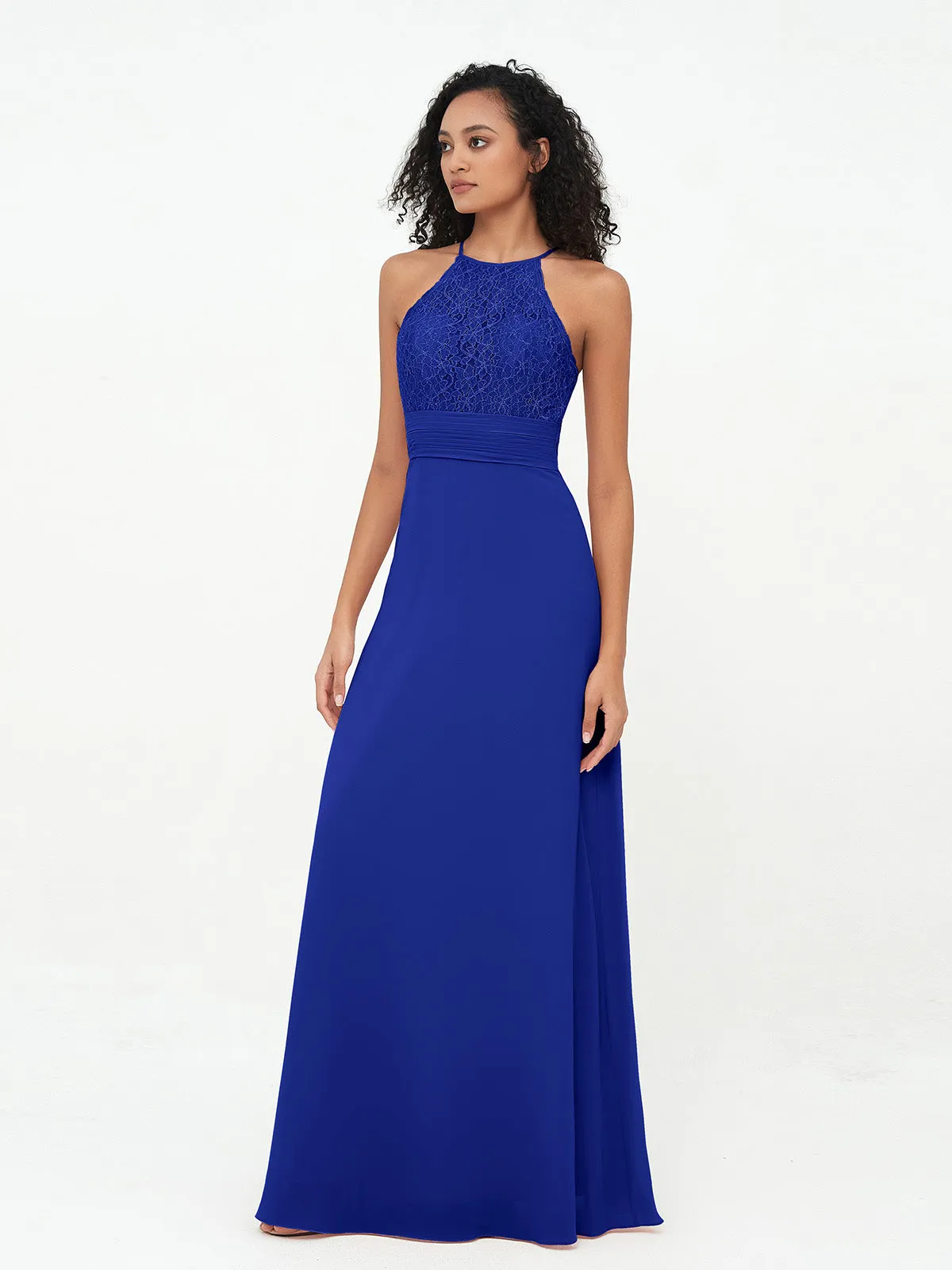 Halter Lace Top and Chiffon Open Back Dresses Royal Blue