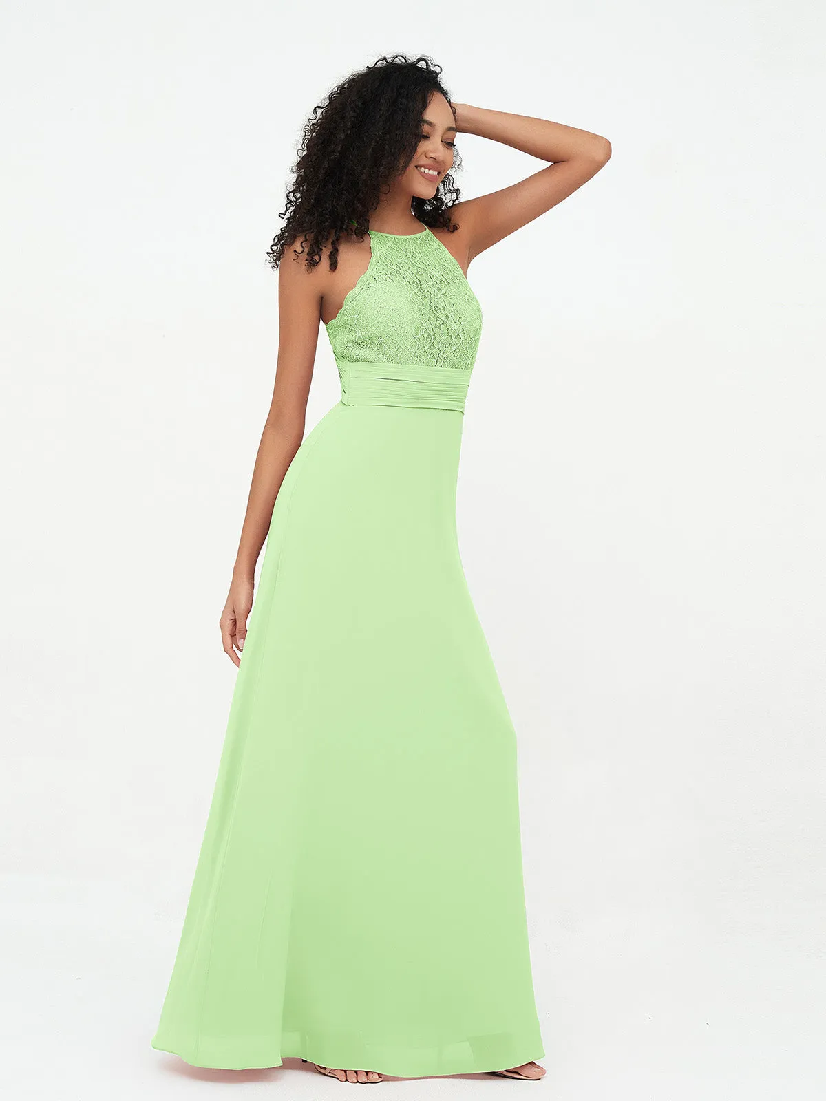 Halter Lace Top and Chiffon Open Back Dresses Sage Plus Size