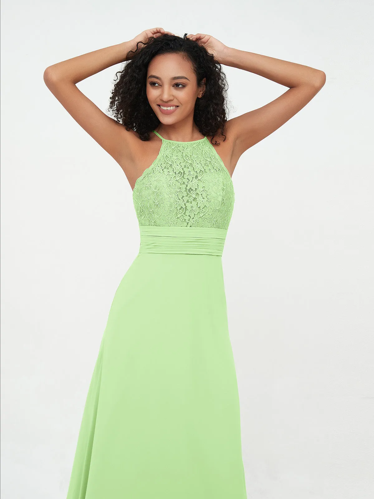 Halter Lace Top and Chiffon Open Back Dresses Sage Plus Size