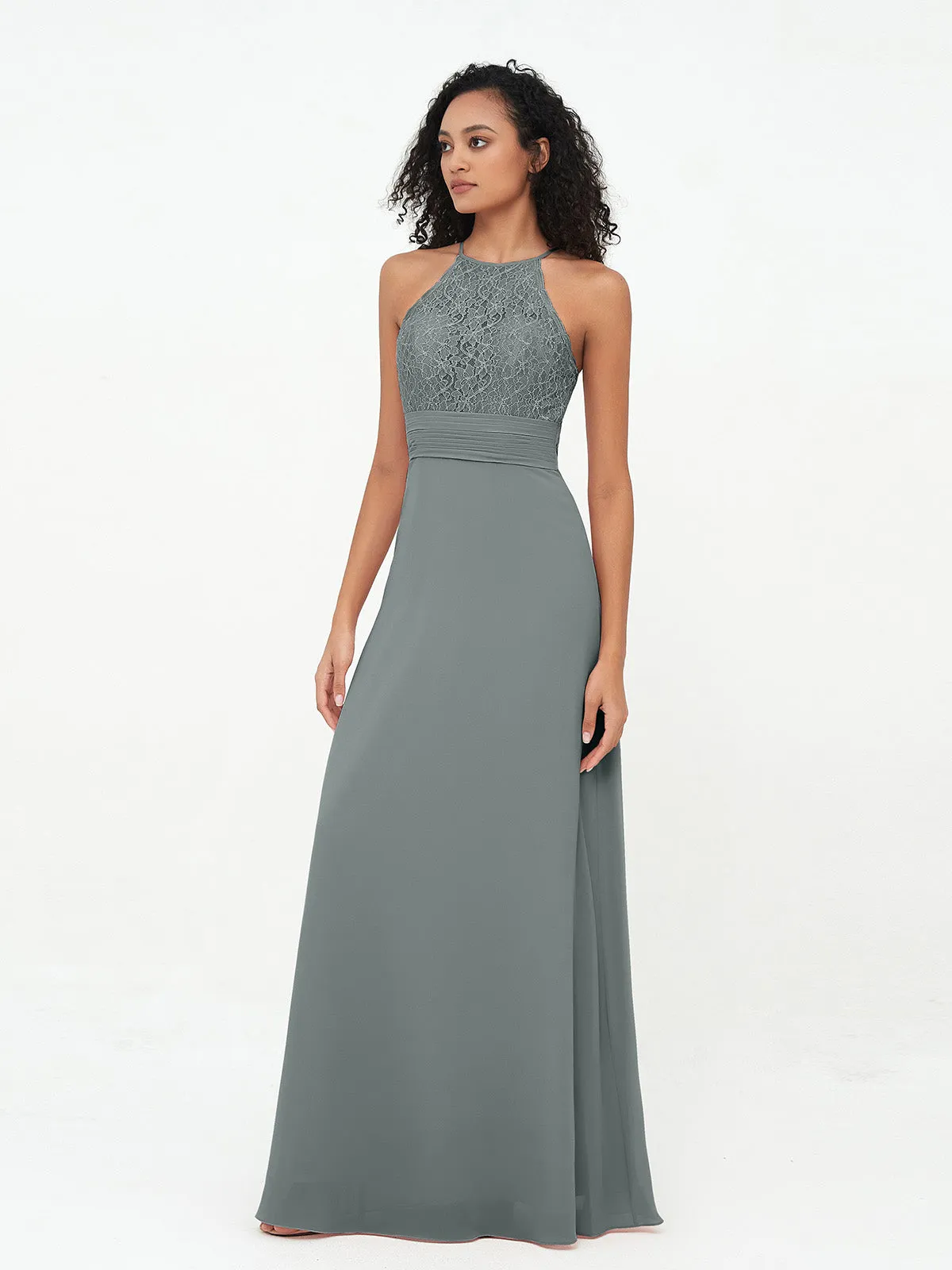 Halter Lace Top and Chiffon Open Back Dresses Steel Grey