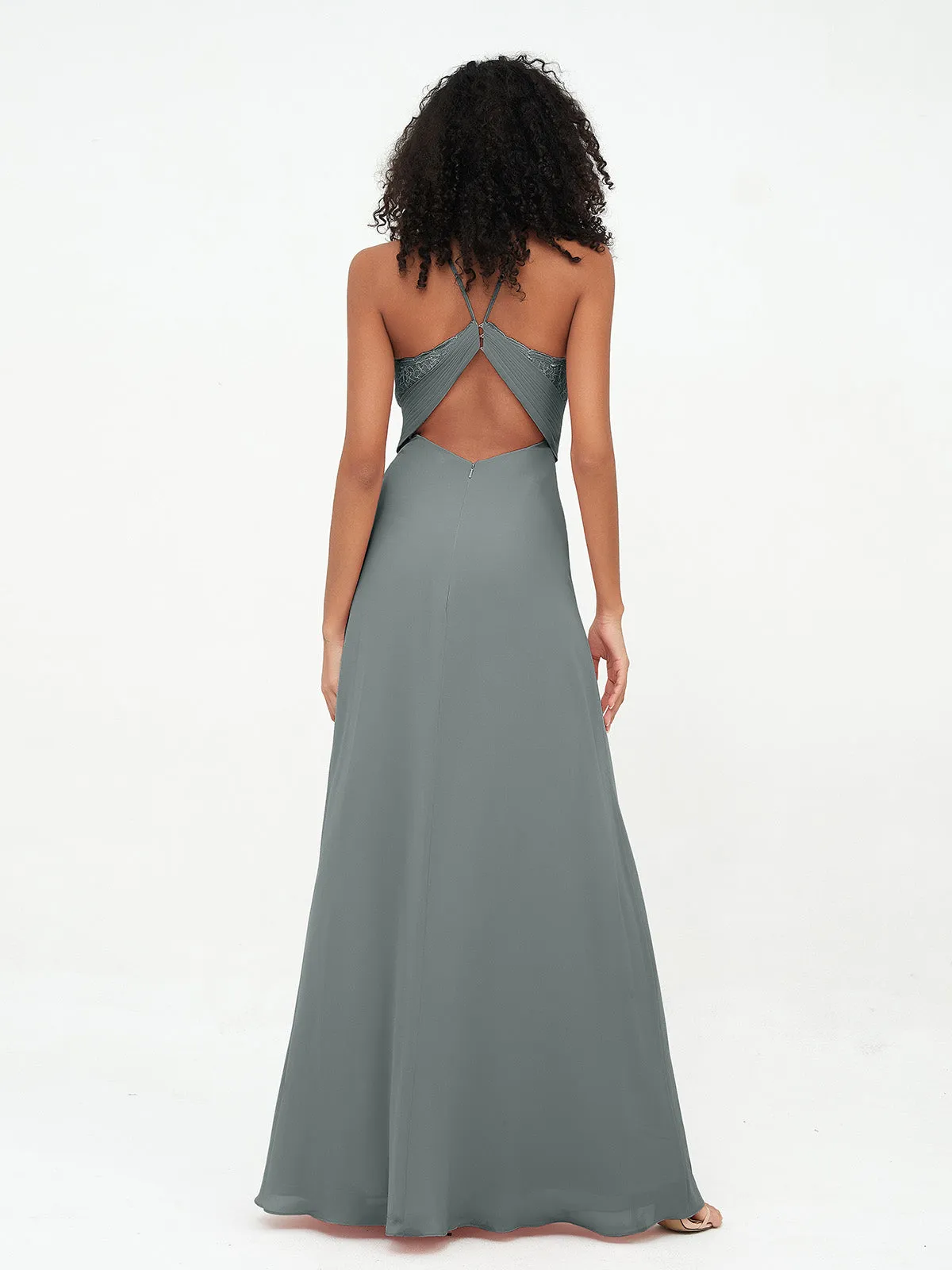 Halter Lace Top and Chiffon Open Back Dresses Steel Grey