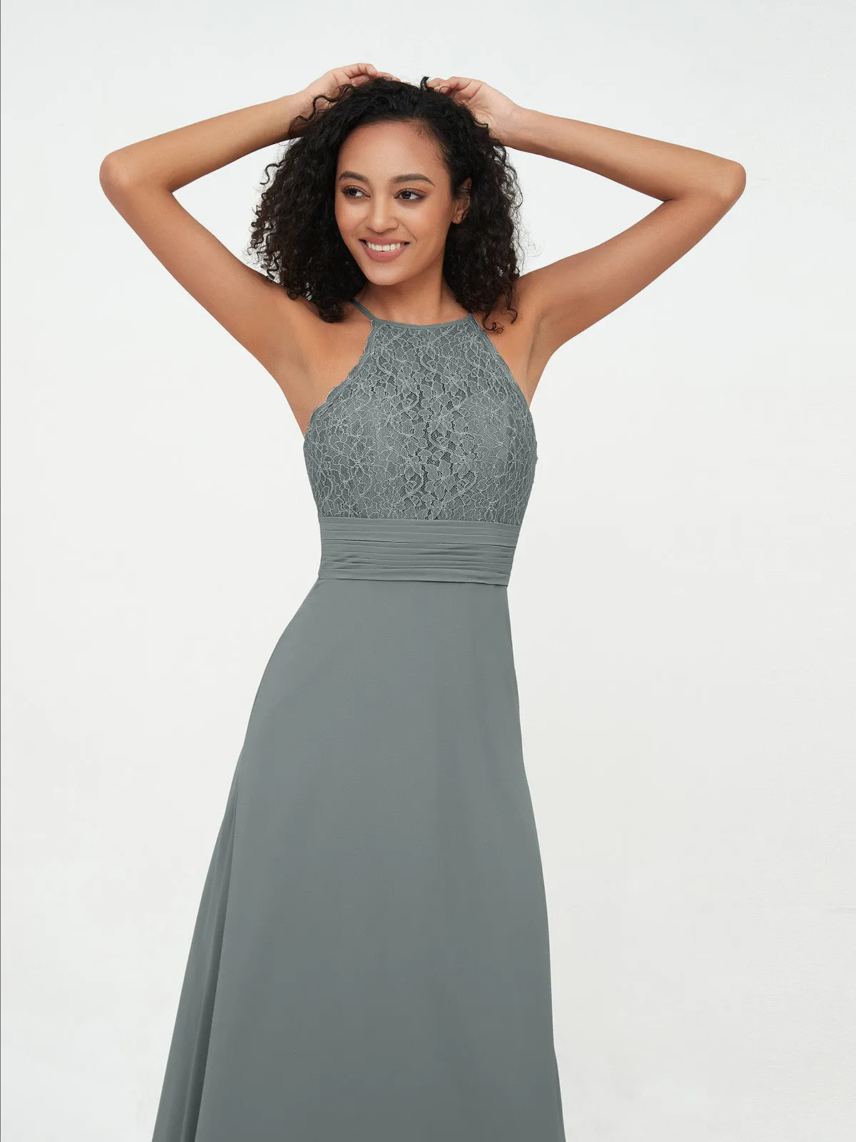 Halter Lace Top and Chiffon Open Back Dresses Steel Grey