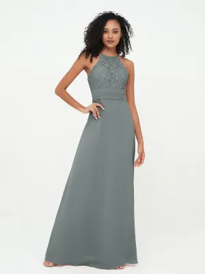 Halter Lace Top and Chiffon Open Back Dresses Steel Grey