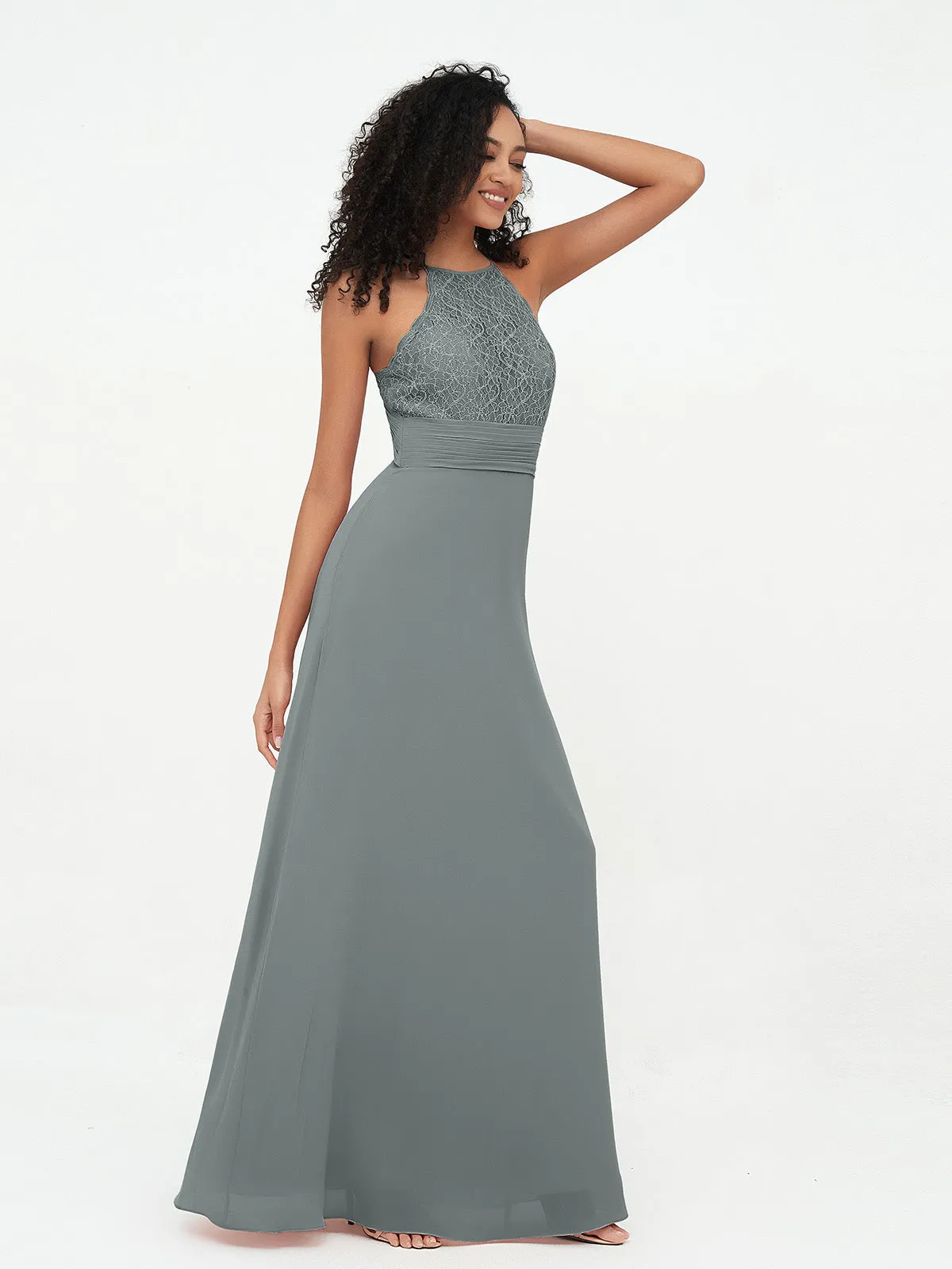 Halter Lace Top and Chiffon Open Back Dresses Steel Grey
