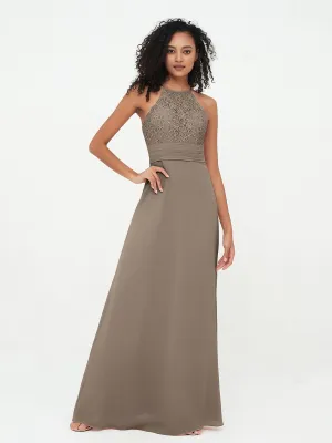 Halter Lace Top and Chiffon Open Back Dresses Taupe