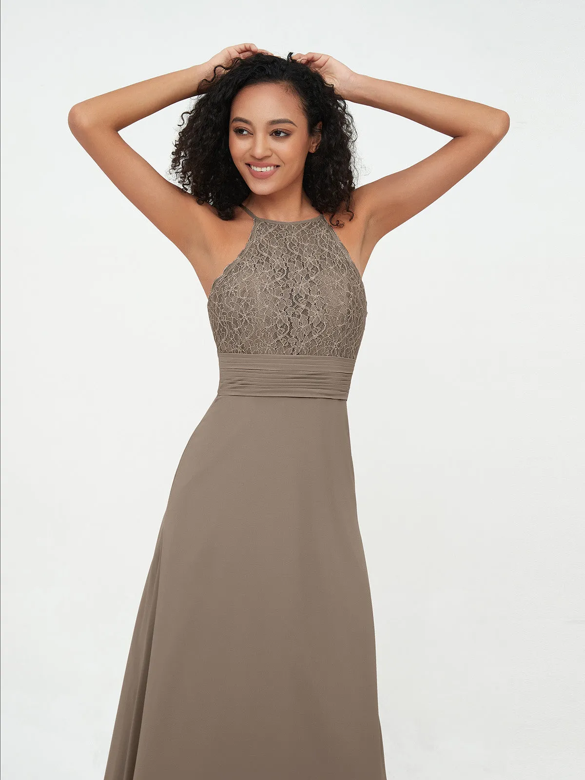 Halter Lace Top and Chiffon Open Back Dresses Taupe