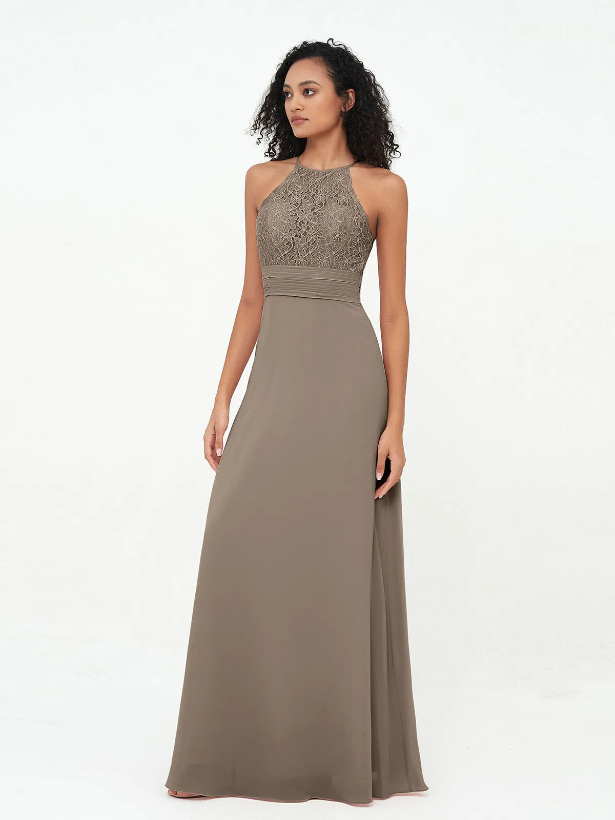 Halter Lace Top and Chiffon Open Back Dresses Taupe