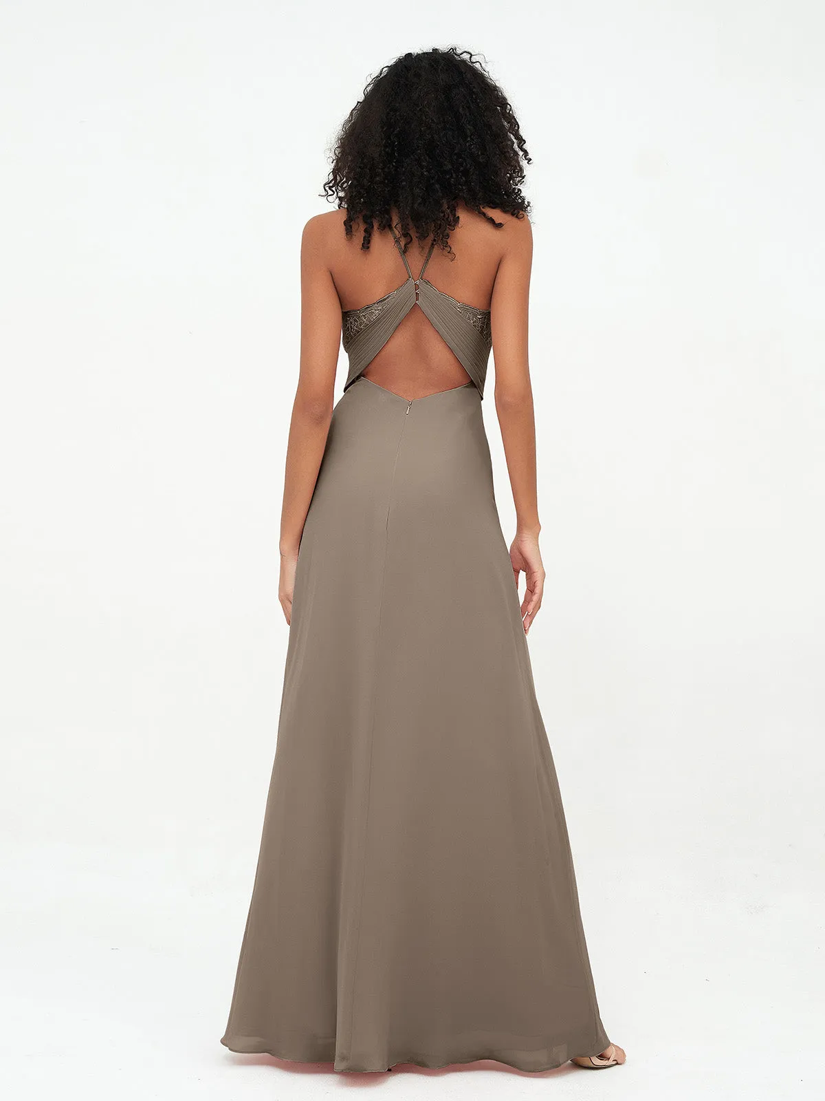 Halter Lace Top and Chiffon Open Back Dresses Taupe