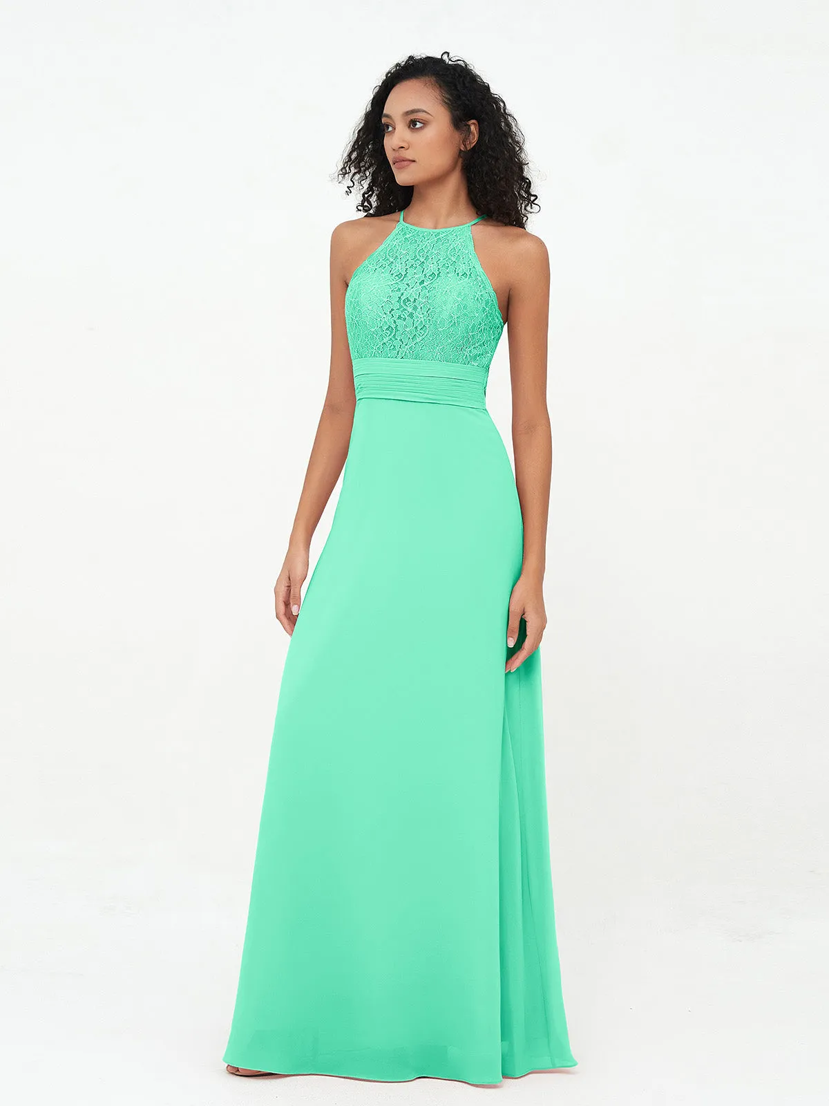 Halter Lace Top and Chiffon Open Back Dresses Turquoise Plus Size