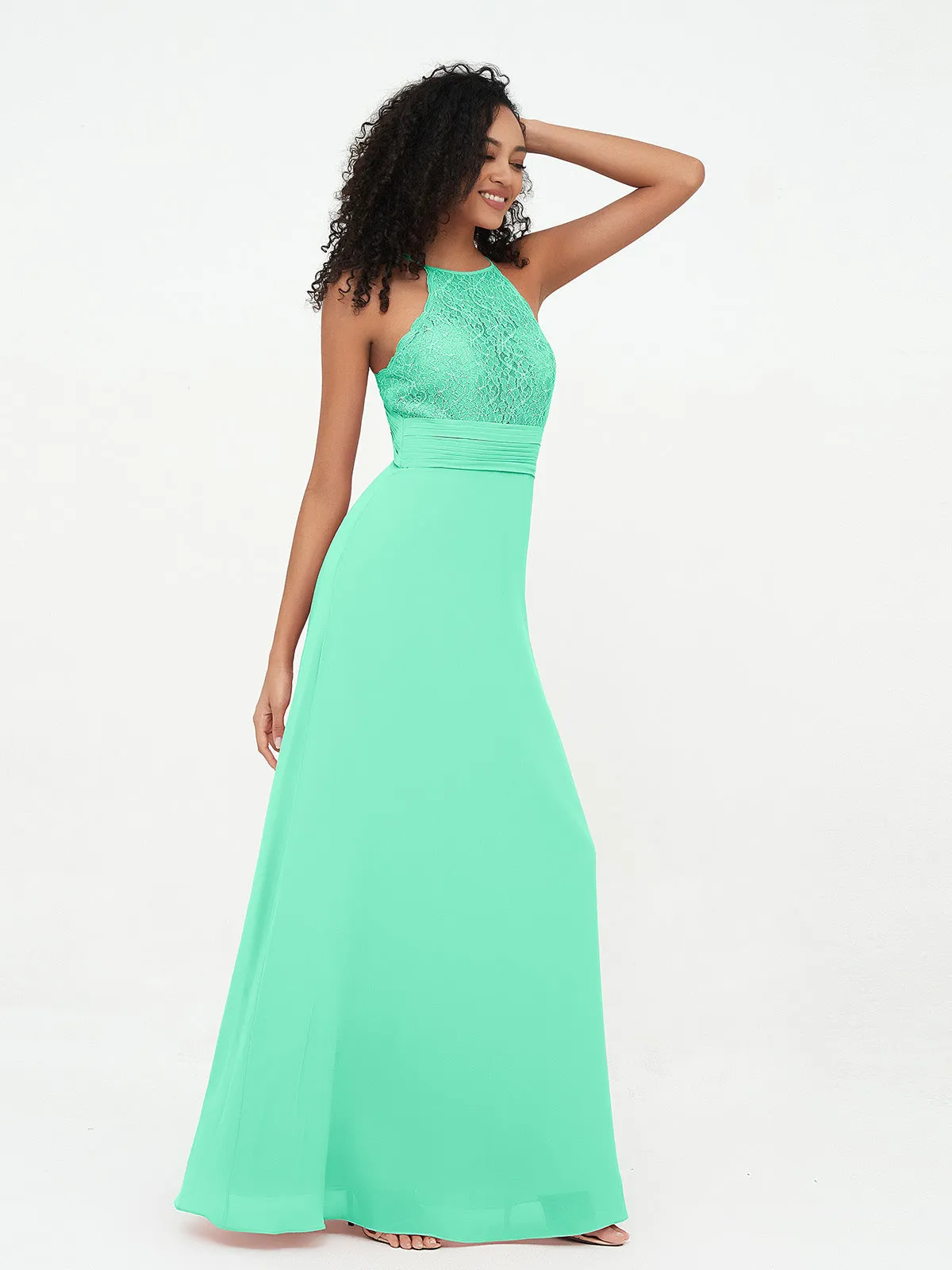 Halter Lace Top and Chiffon Open Back Dresses Turquoise Plus Size