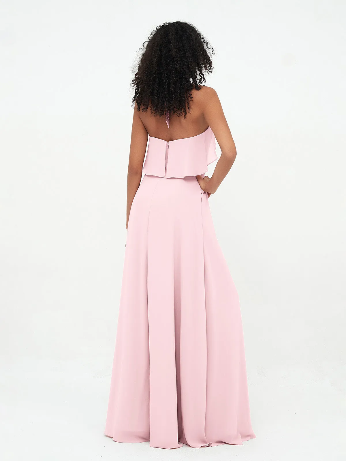 Halter Strap Chiffon Long Bridesmaid Dresses Blushing Pink
