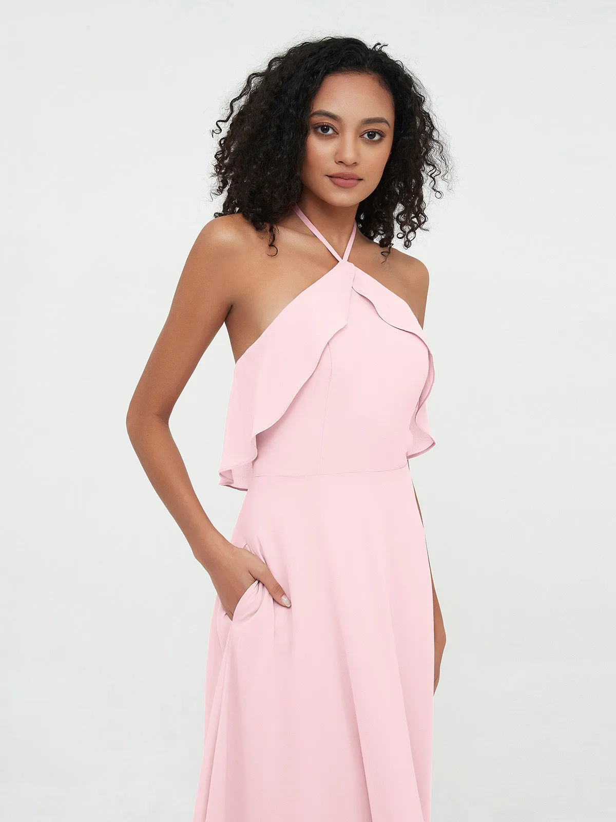 Halter Strap Chiffon Long Bridesmaid Dresses Blushing Pink