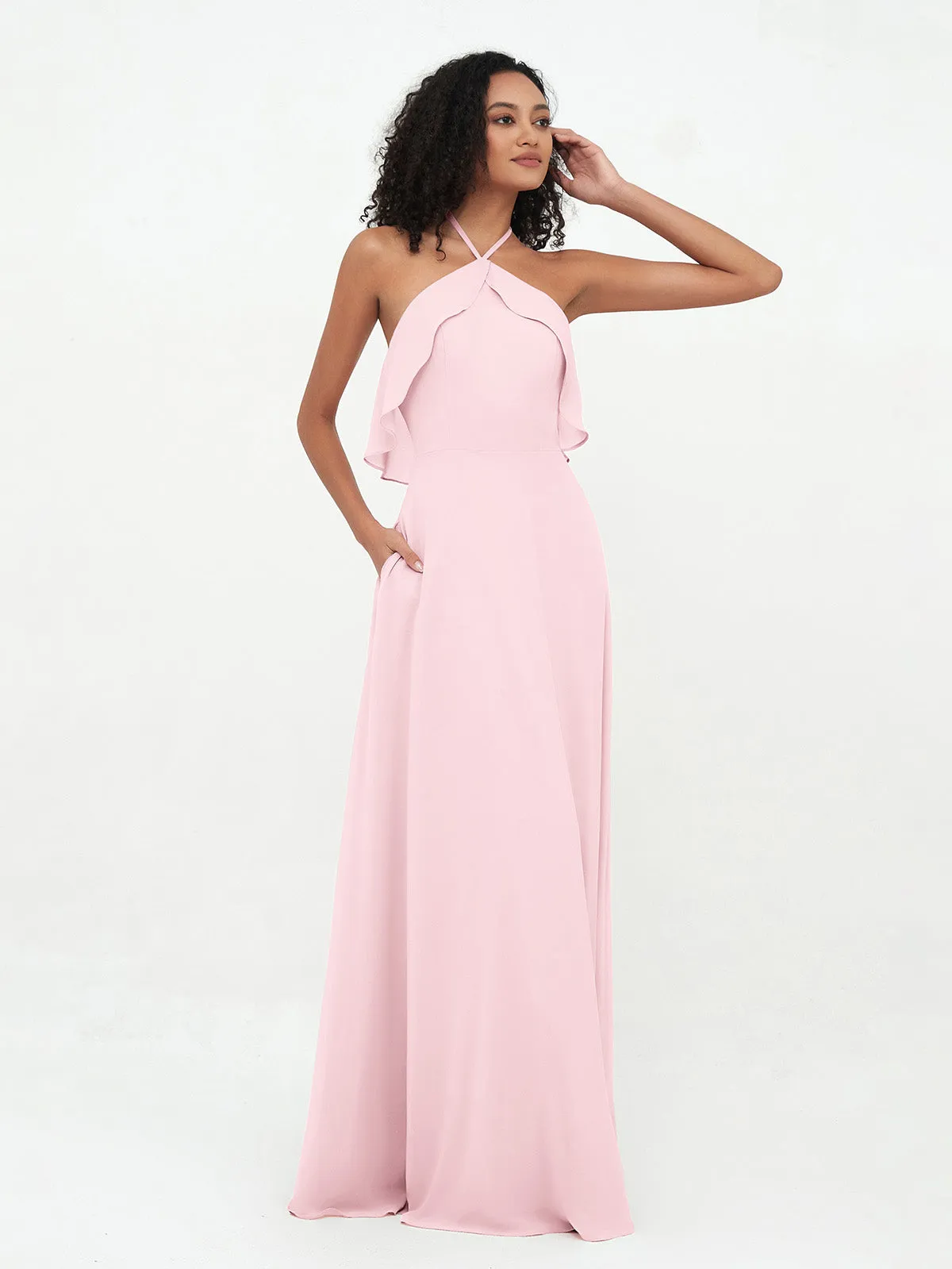 Halter Strap Chiffon Long Bridesmaid Dresses Blushing Pink