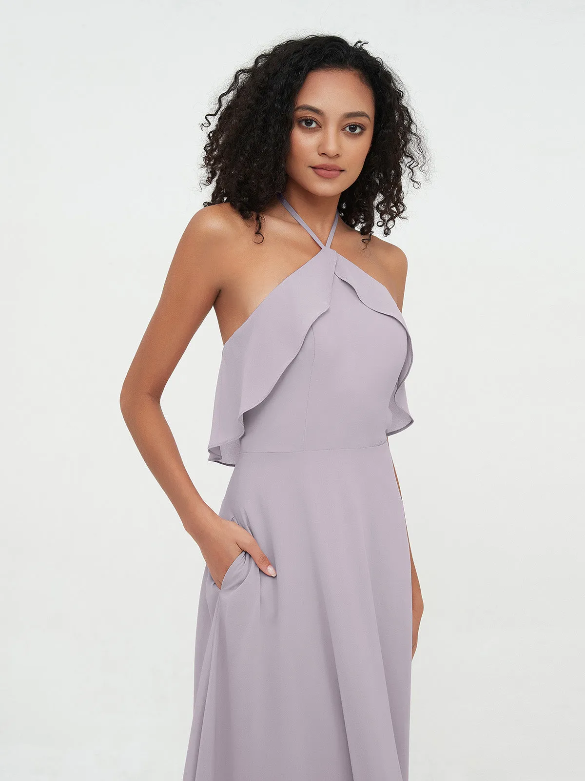 Halter Strap Chiffon Long Bridesmaid Dresses Dusk Plus Size