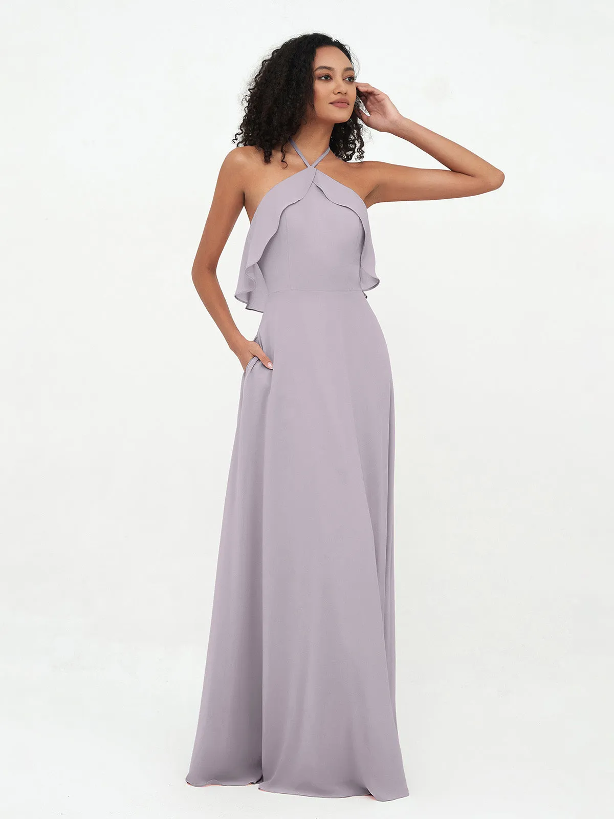 Halter Strap Chiffon Long Bridesmaid Dresses Dusk Plus Size