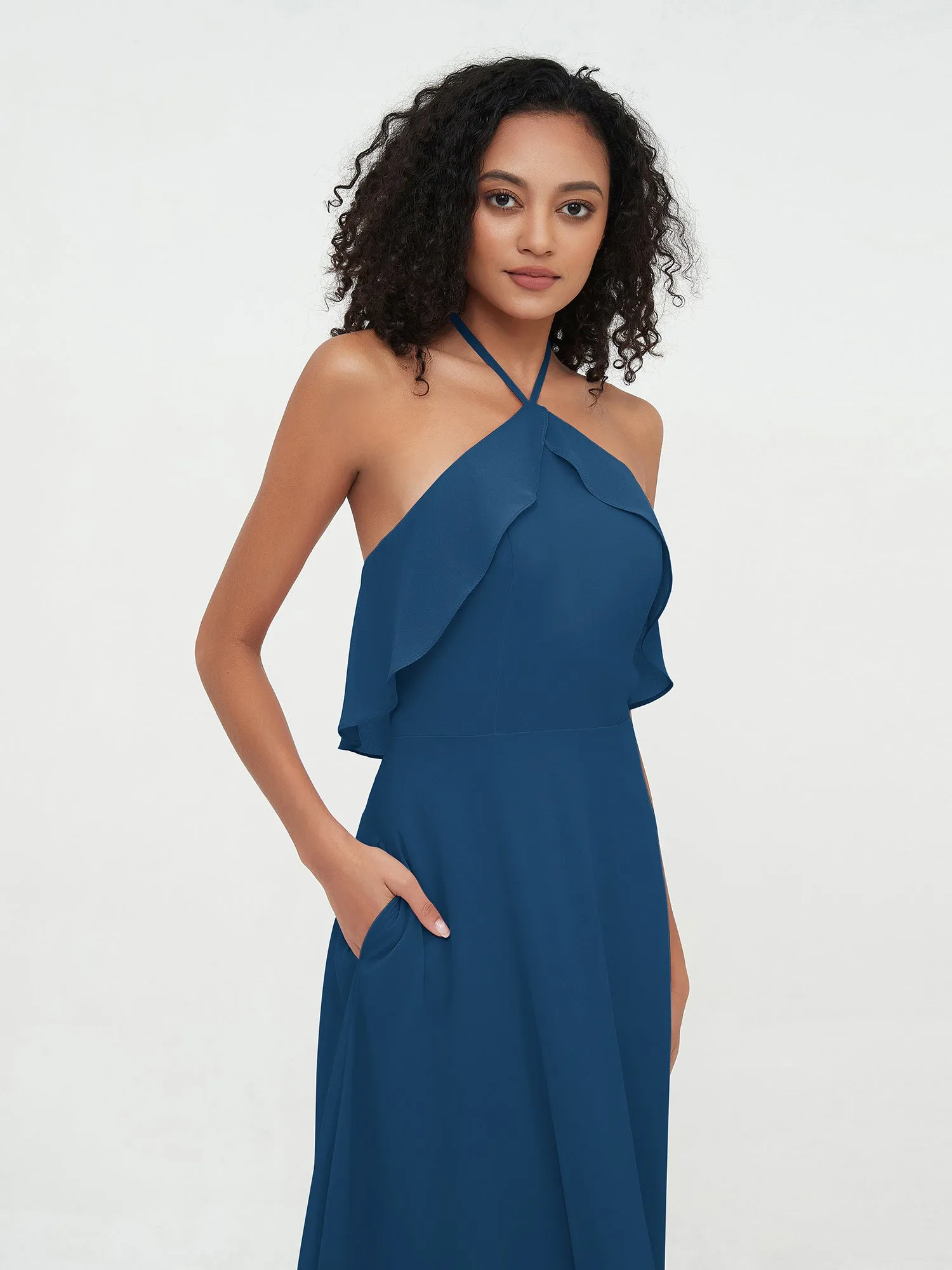 Halter Strap Chiffon Long Bridesmaid Dresses Ink Blue Plus Size