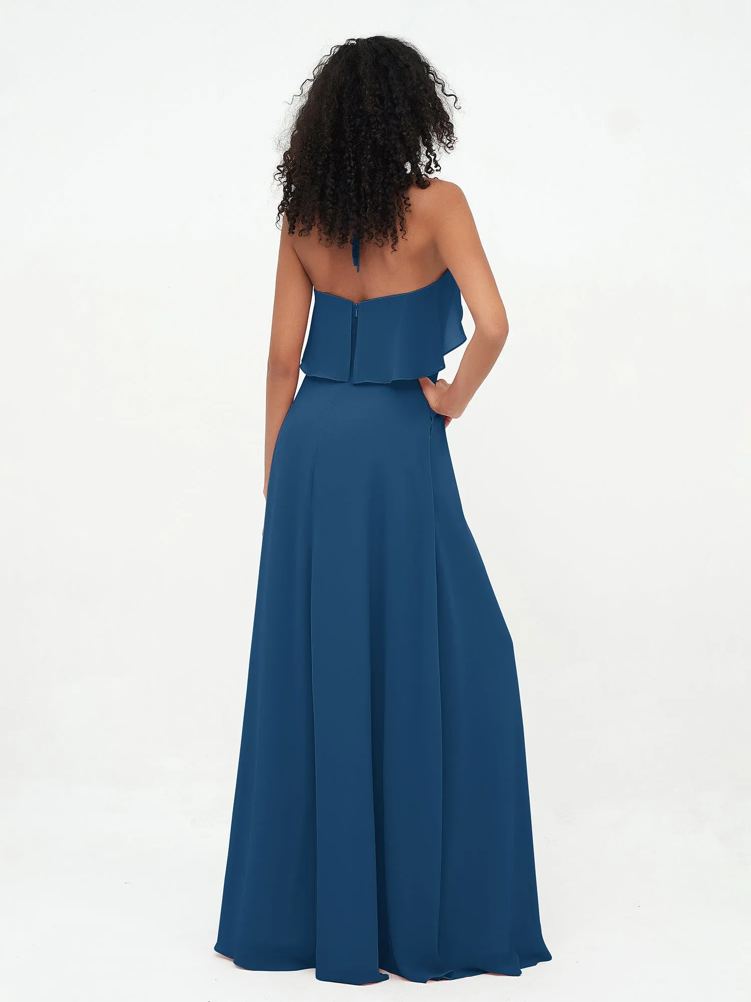 Halter Strap Chiffon Long Bridesmaid Dresses Ink Blue Plus Size