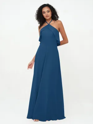 Halter Strap Chiffon Long Bridesmaid Dresses Ink Blue Plus Size