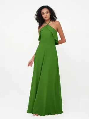 Halter Strap Chiffon Long Bridesmaid Dresses Moss Plus Size