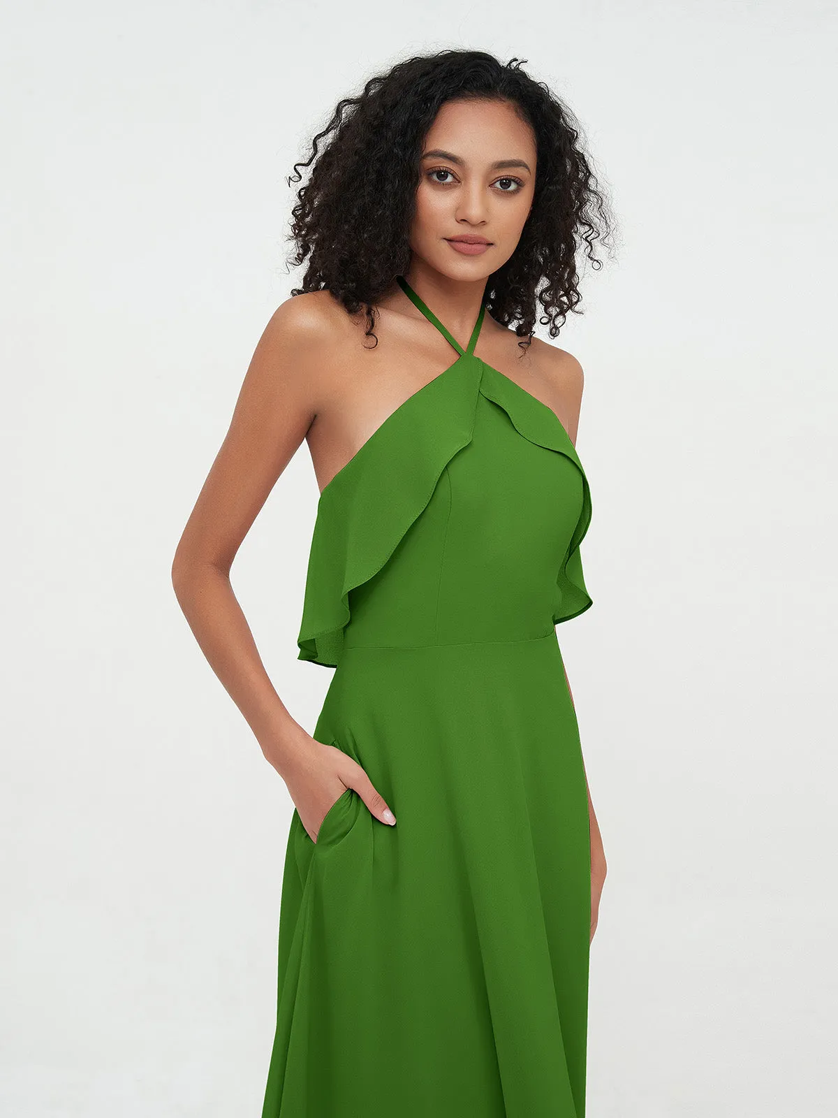 Halter Strap Chiffon Long Bridesmaid Dresses Moss Plus Size
