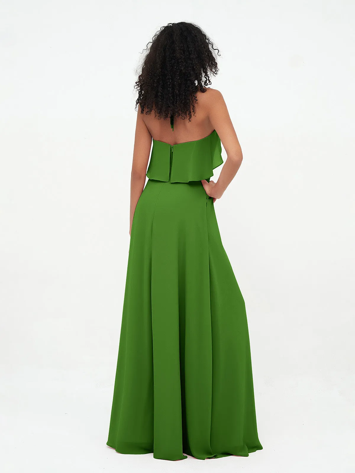 Halter Strap Chiffon Long Bridesmaid Dresses Moss Plus Size