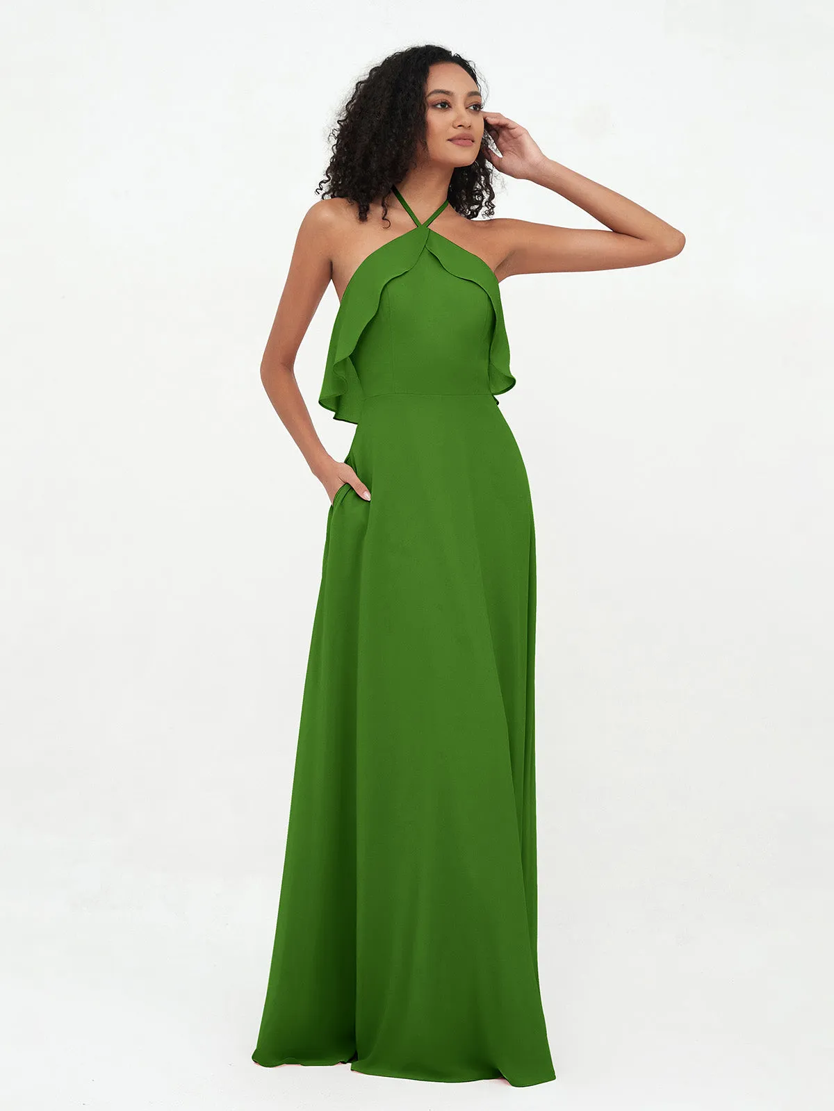 Halter Strap Chiffon Long Bridesmaid Dresses Moss Plus Size