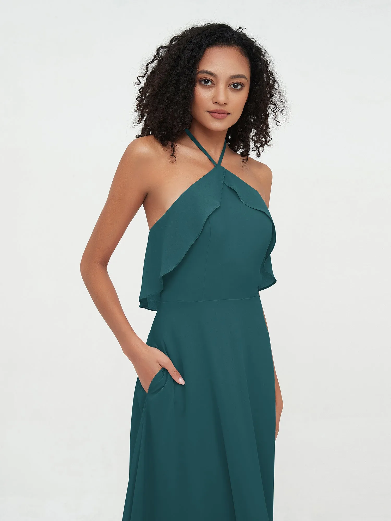 Halter Strap Chiffon Long Bridesmaid Dresses Peacock Plus Size