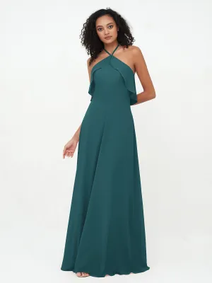 Halter Strap Chiffon Long Bridesmaid Dresses Peacock Plus Size