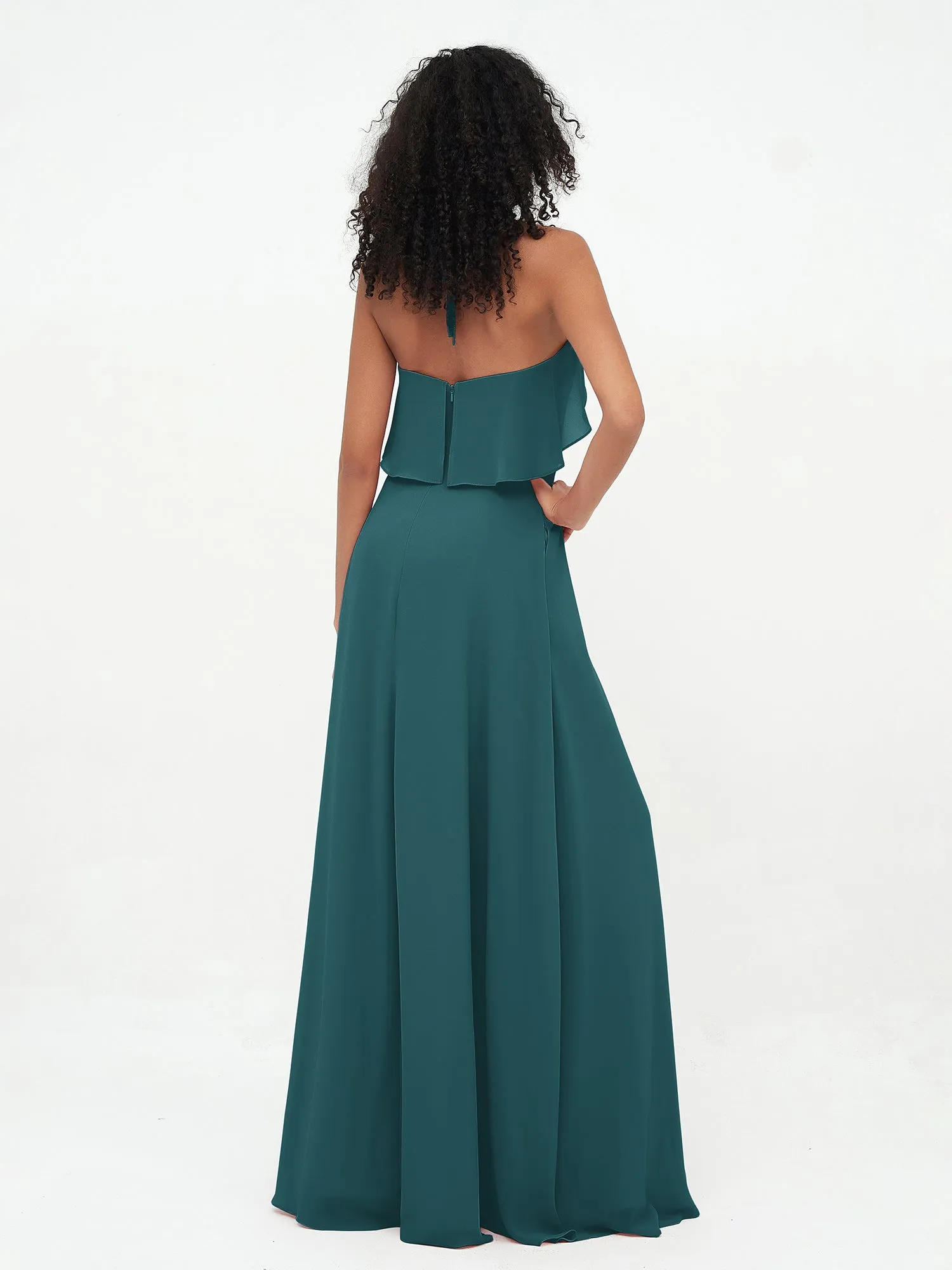 Halter Strap Chiffon Long Bridesmaid Dresses Peacock Plus Size