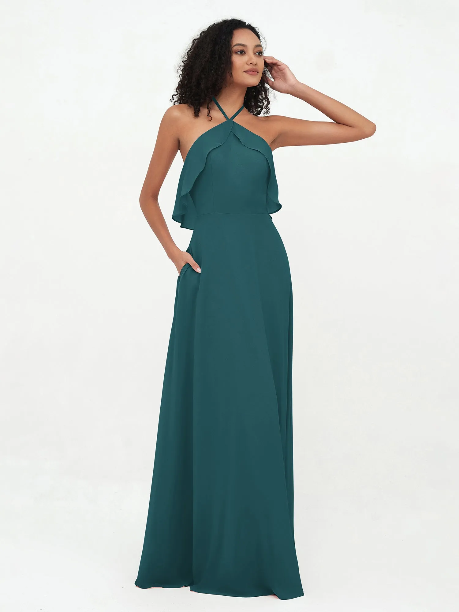 Halter Strap Chiffon Long Bridesmaid Dresses Peacock Plus Size