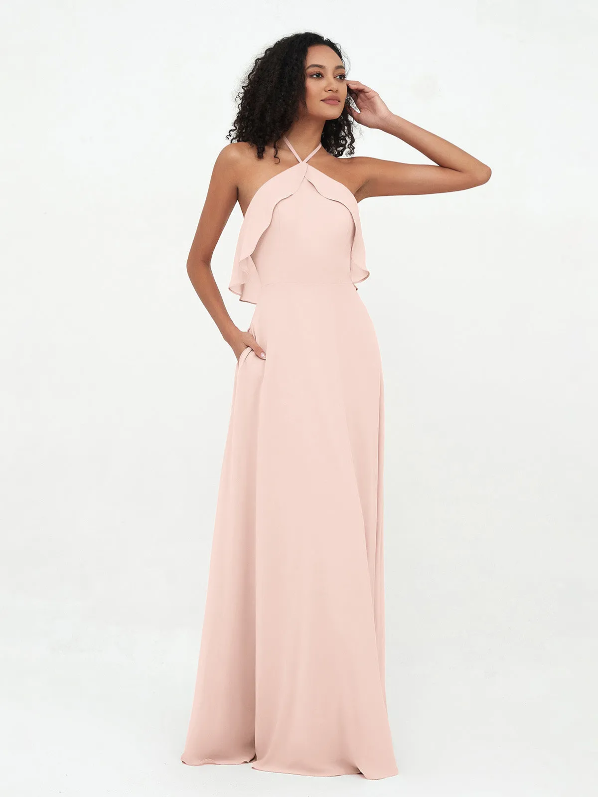 Halter Strap Chiffon Long Bridesmaid Dresses Pearl Pink Plus Size